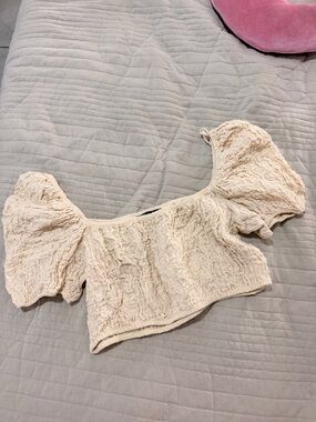 Zara Cream Textured Puff-Sleeve Crop Top